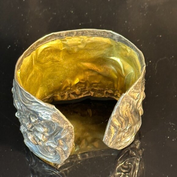 American Beauty Floral Sterling Silver Alphonse Mucha Cuff Bracelet Art Nouveau - Picture 3 of 10